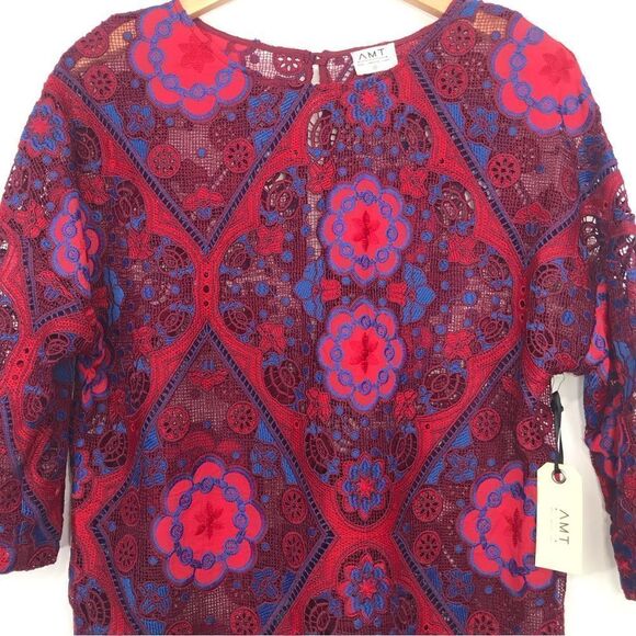 AMT NEW Deep Red Crochet Floral Mini Sheath Dress - Picture 2 of 13